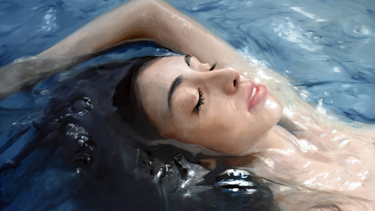 油絵 水中 水中で やさしい表情 を浮かべる女性たちが 穏やかな気持ち